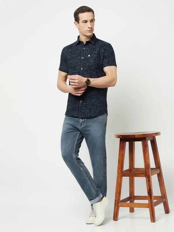 Mettle Men Navy Blue Printed Casual Shirt