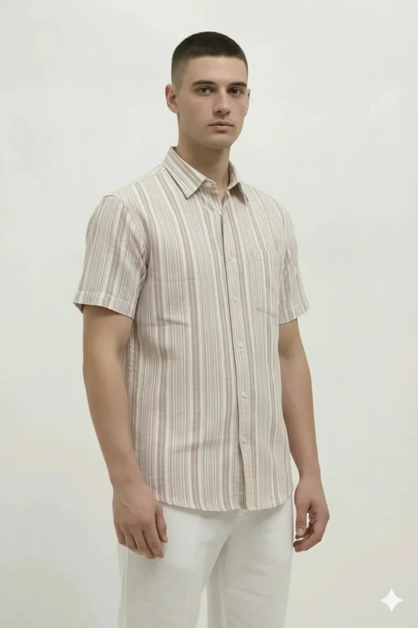 Men Wood Rose Striped Spread Collar Cotton Casual Shirt