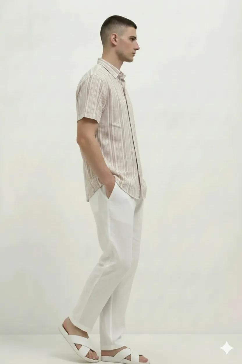 Men Wood Rose Striped Spread Collar Cotton Casual Shirt