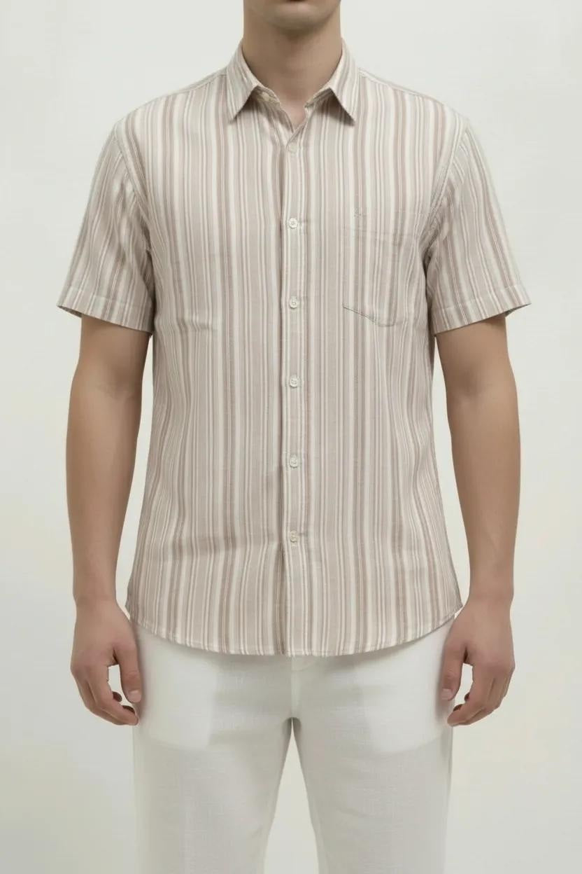 Men Wood Rose Striped Spread Collar Cotton Casual Shirt