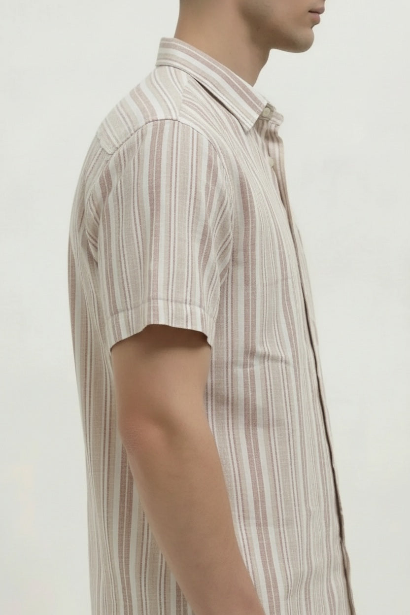 Men Wood Rose Striped Spread Collar Cotton Casual Shirt