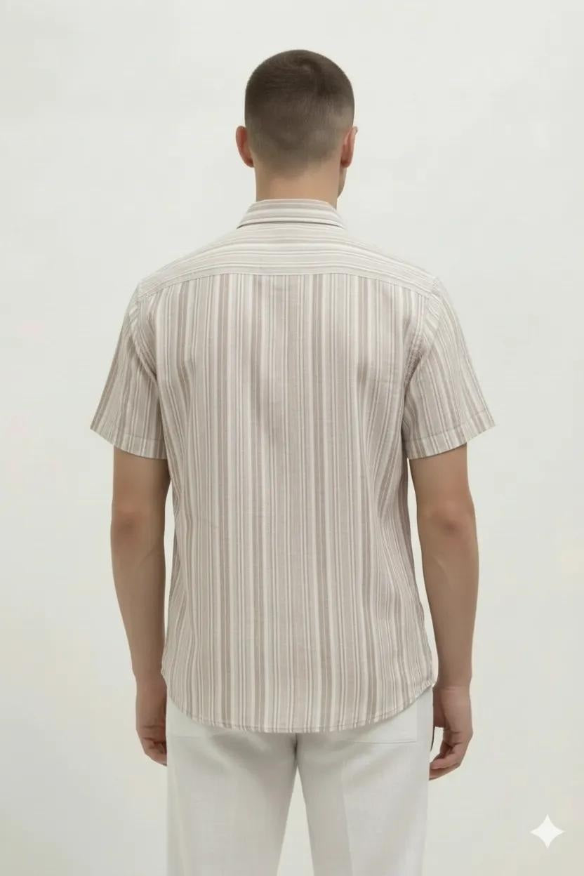 Men Wood Rose Striped Spread Collar Cotton Casual Shirt