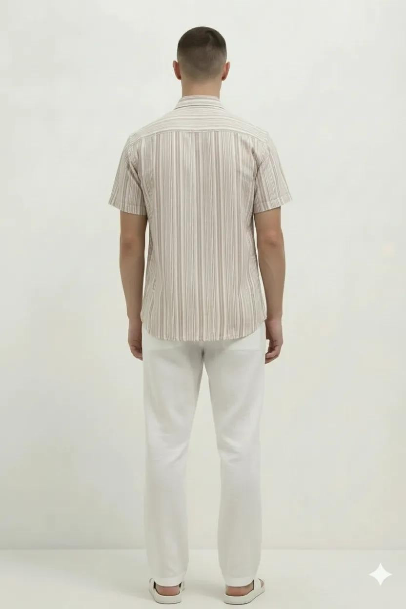 Men Wood Rose Striped Spread Collar Cotton Casual Shirt