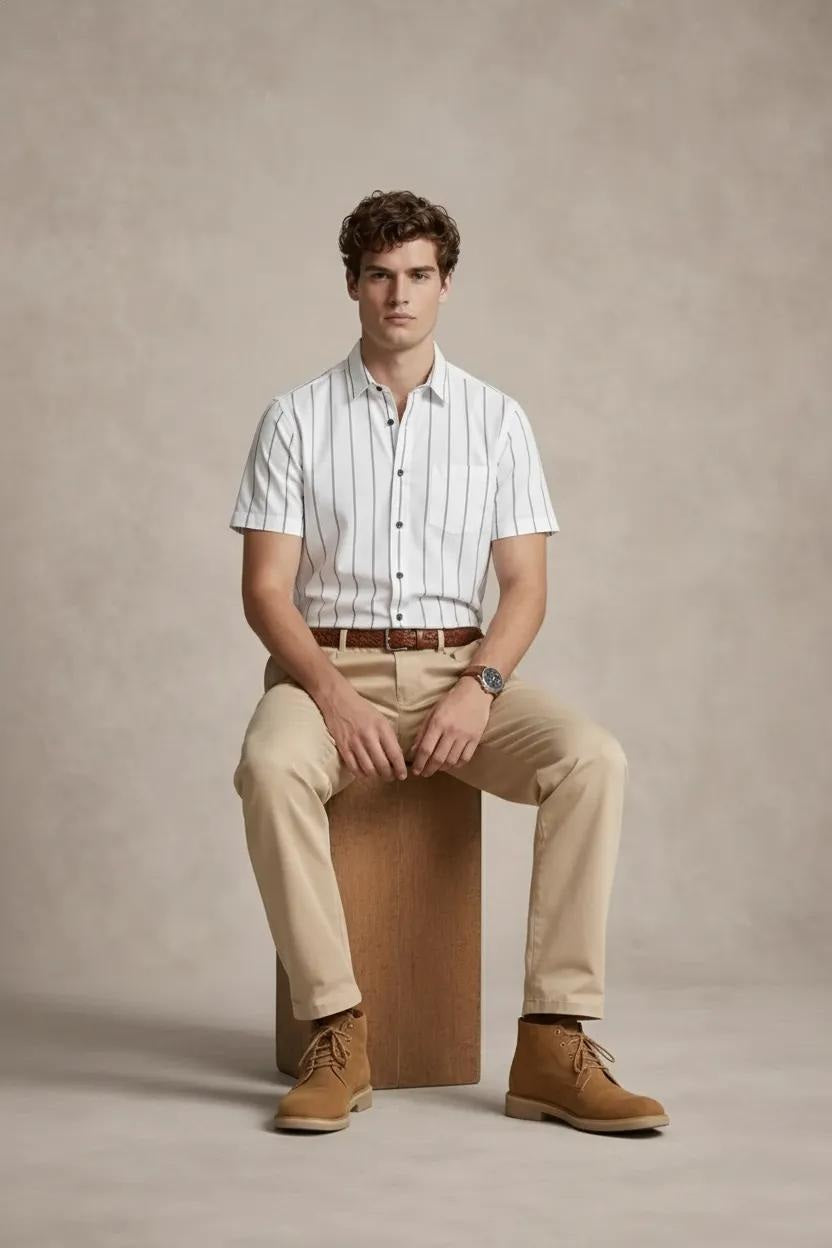 Men White Striped Casual Shirt