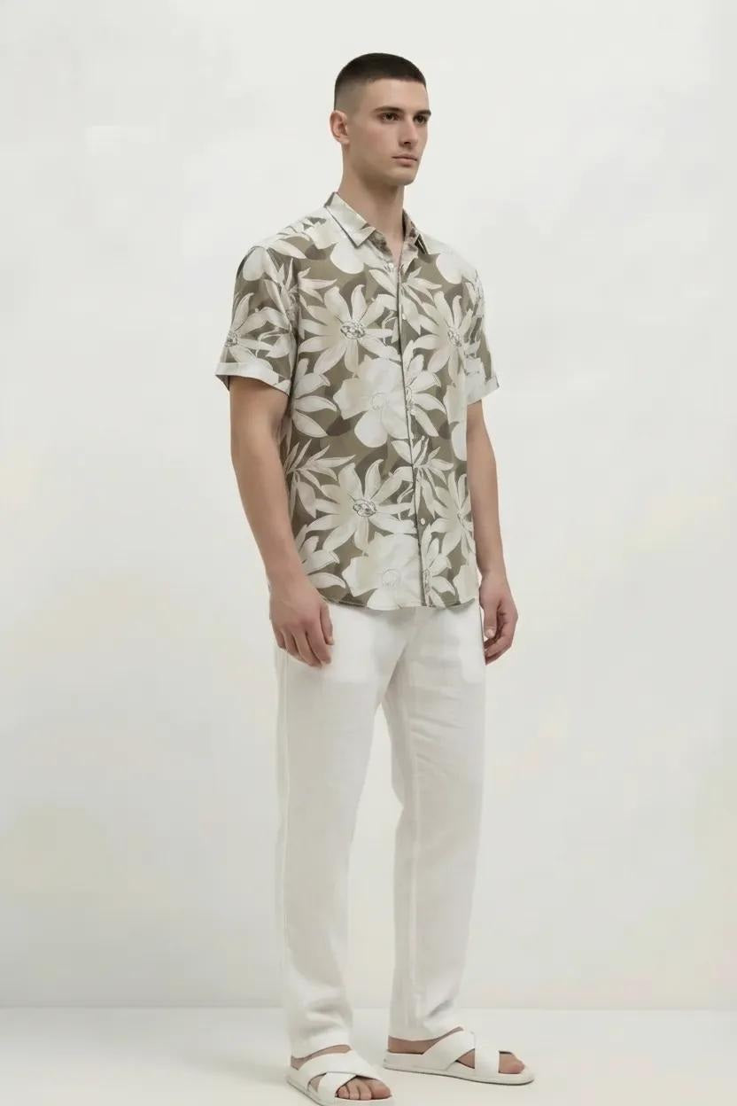 Men Light Olive Floral Printed Casual Shirt