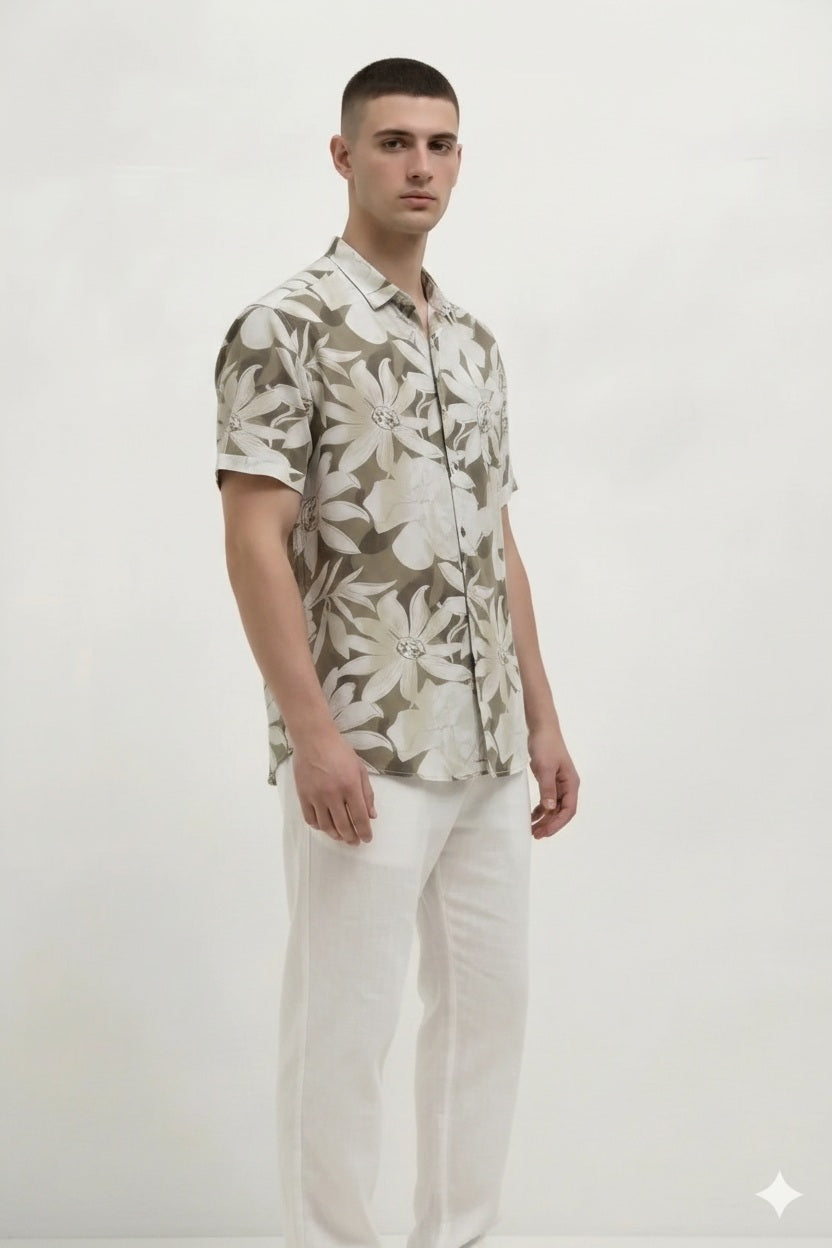 Men Light Olive Floral Printed Casual Shirt