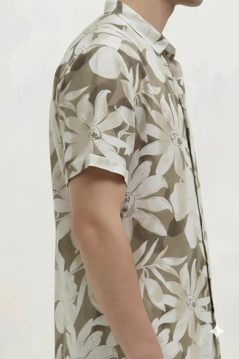 Men Light Olive Floral Printed Casual Shirt