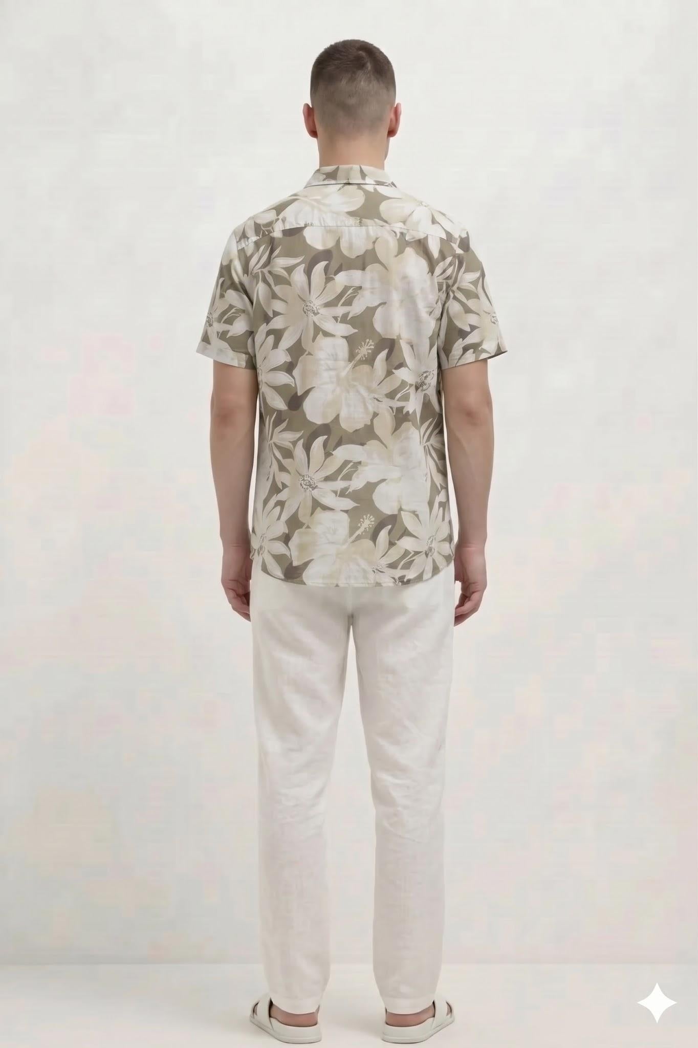 Men Light Olive Floral Printed Casual Shirt