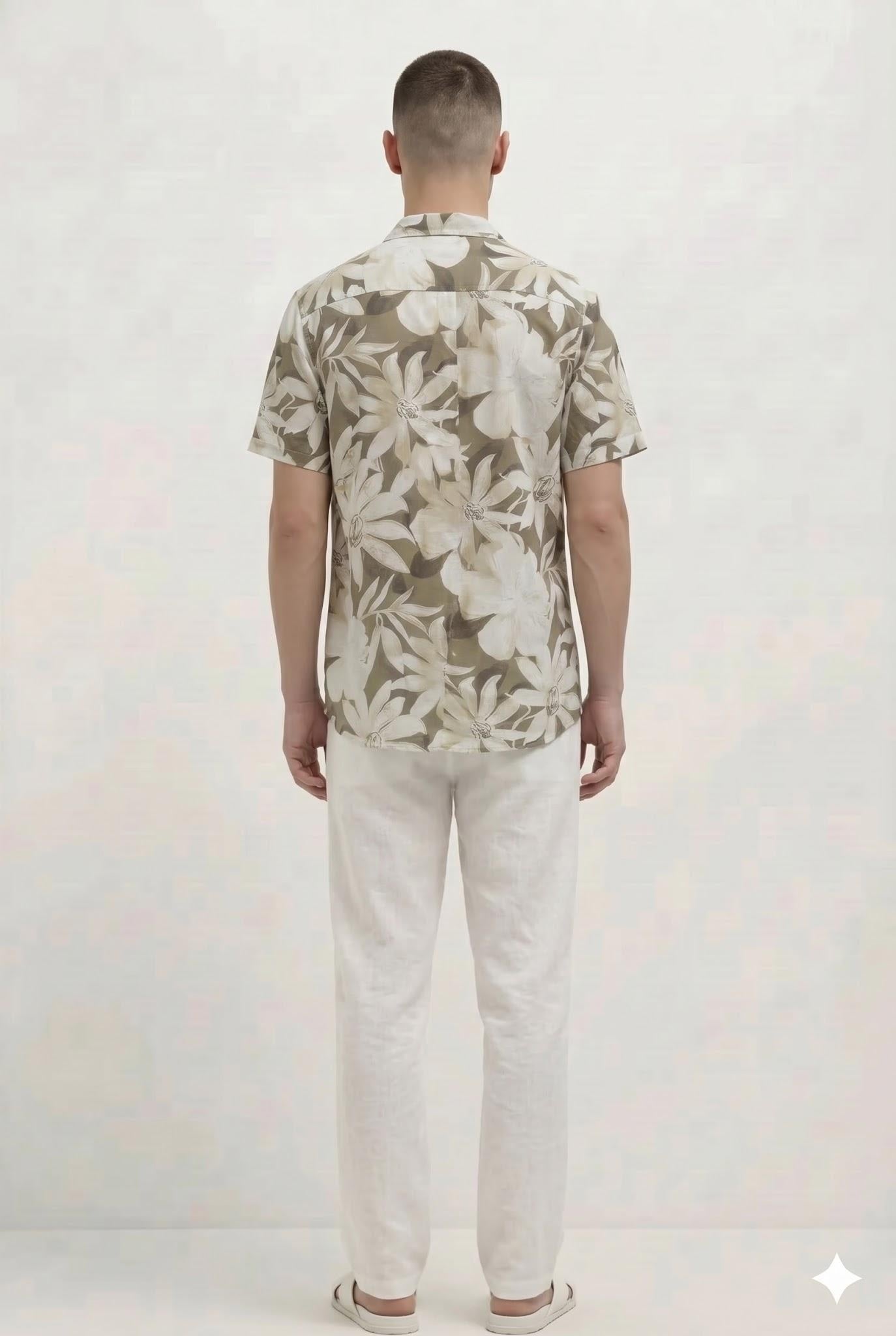 Men Light Olive Floral Printed Casual Shirt