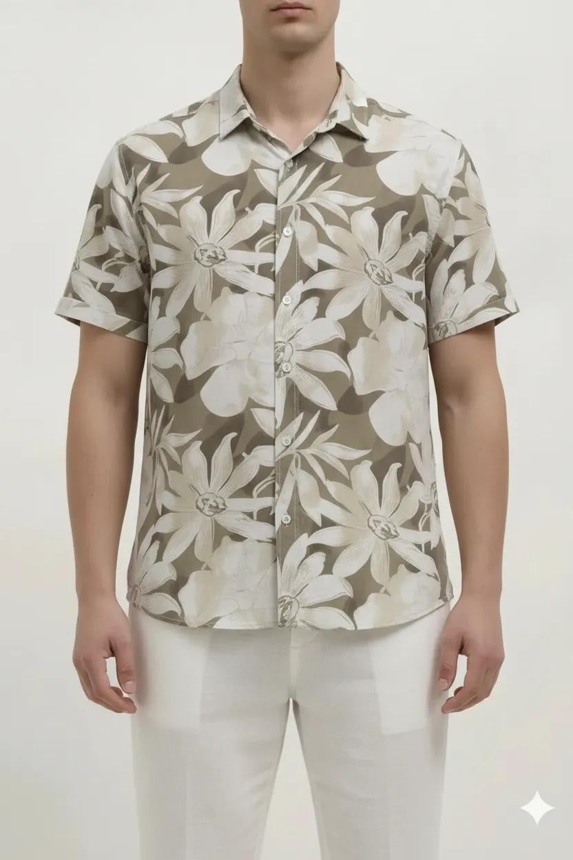 Men Light Olive Floral Printed Casual Shirt