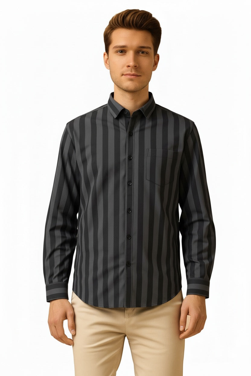 Men Charcoal Multi Stripes Polo Neck  Casual Shirt