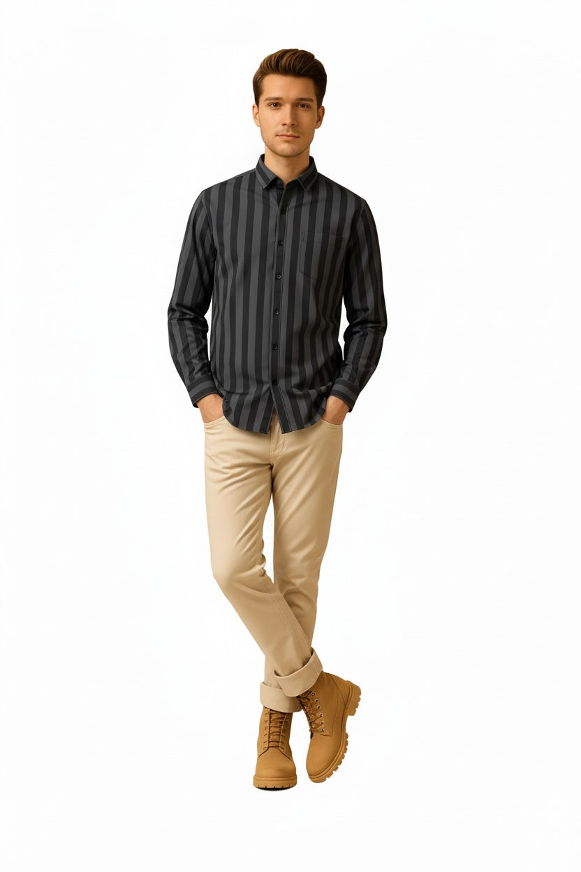 Men Charcoal Multi Stripes Polo Neck  Casual Shirt