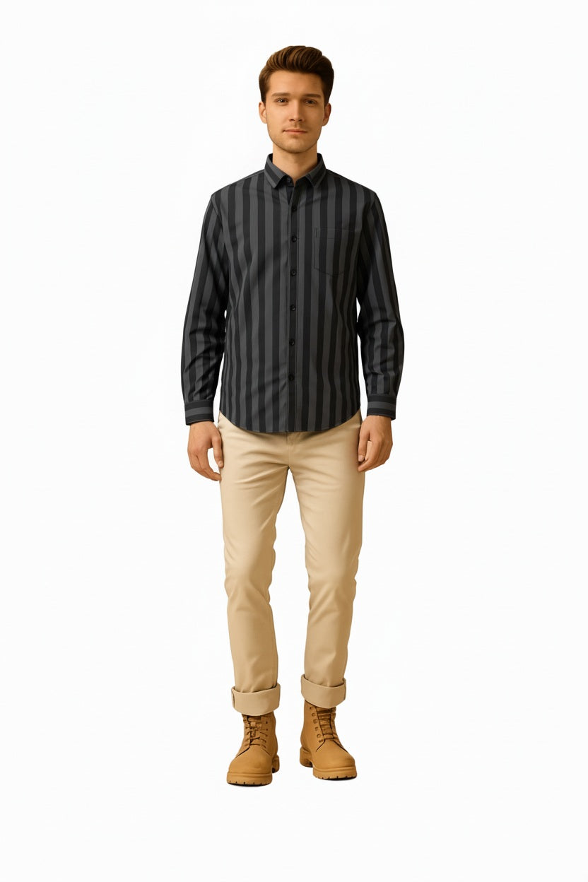 Men Charcoal Multi Stripes Polo Neck  Casual Shirt