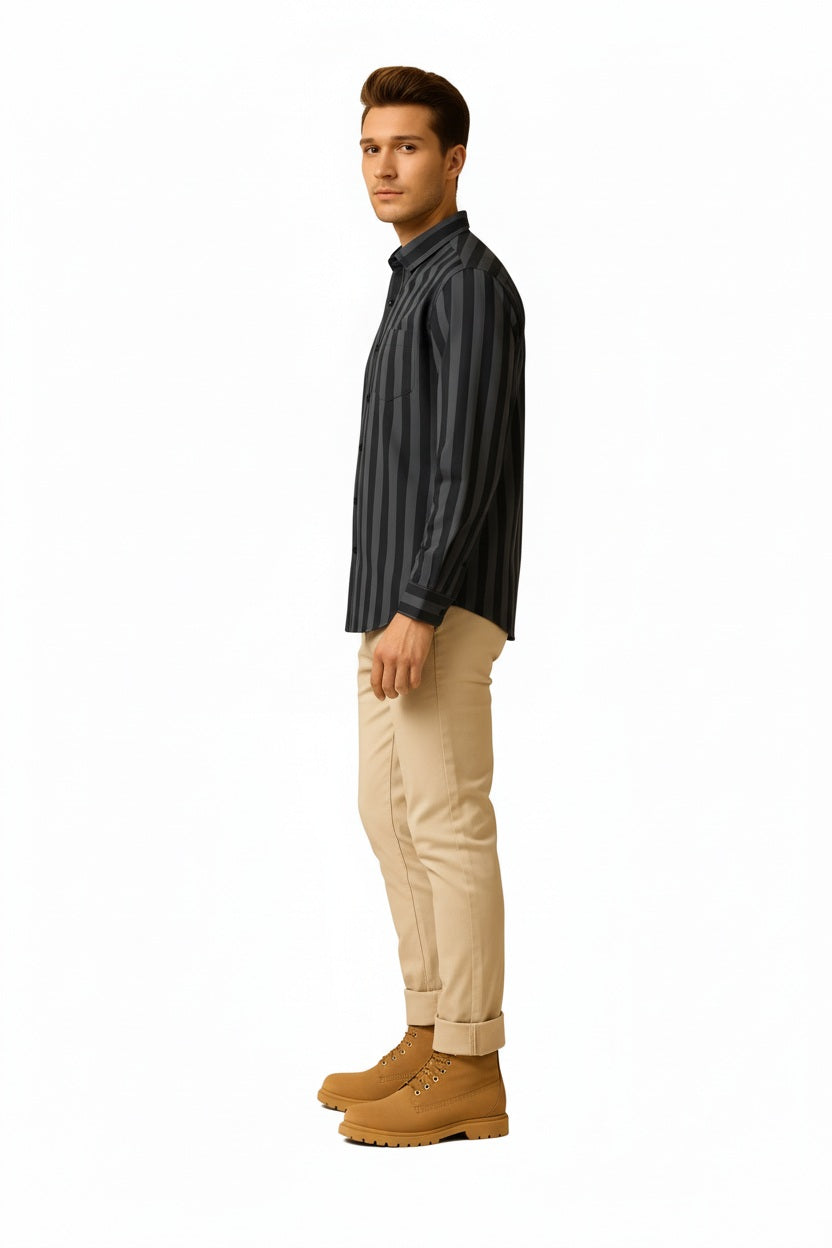 Men Charcoal Multi Stripes Polo Neck  Casual Shirt