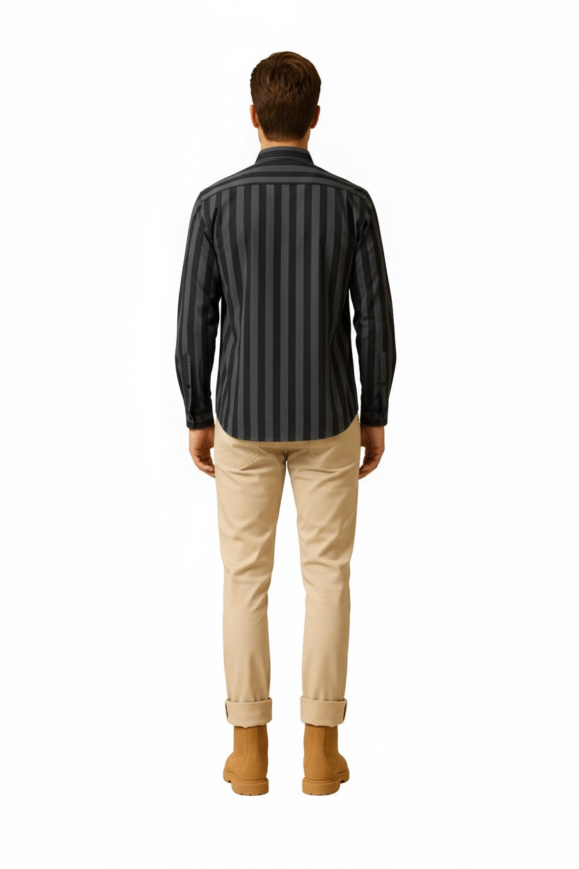 Men Charcoal Multi Stripes Polo Neck  Casual Shirt