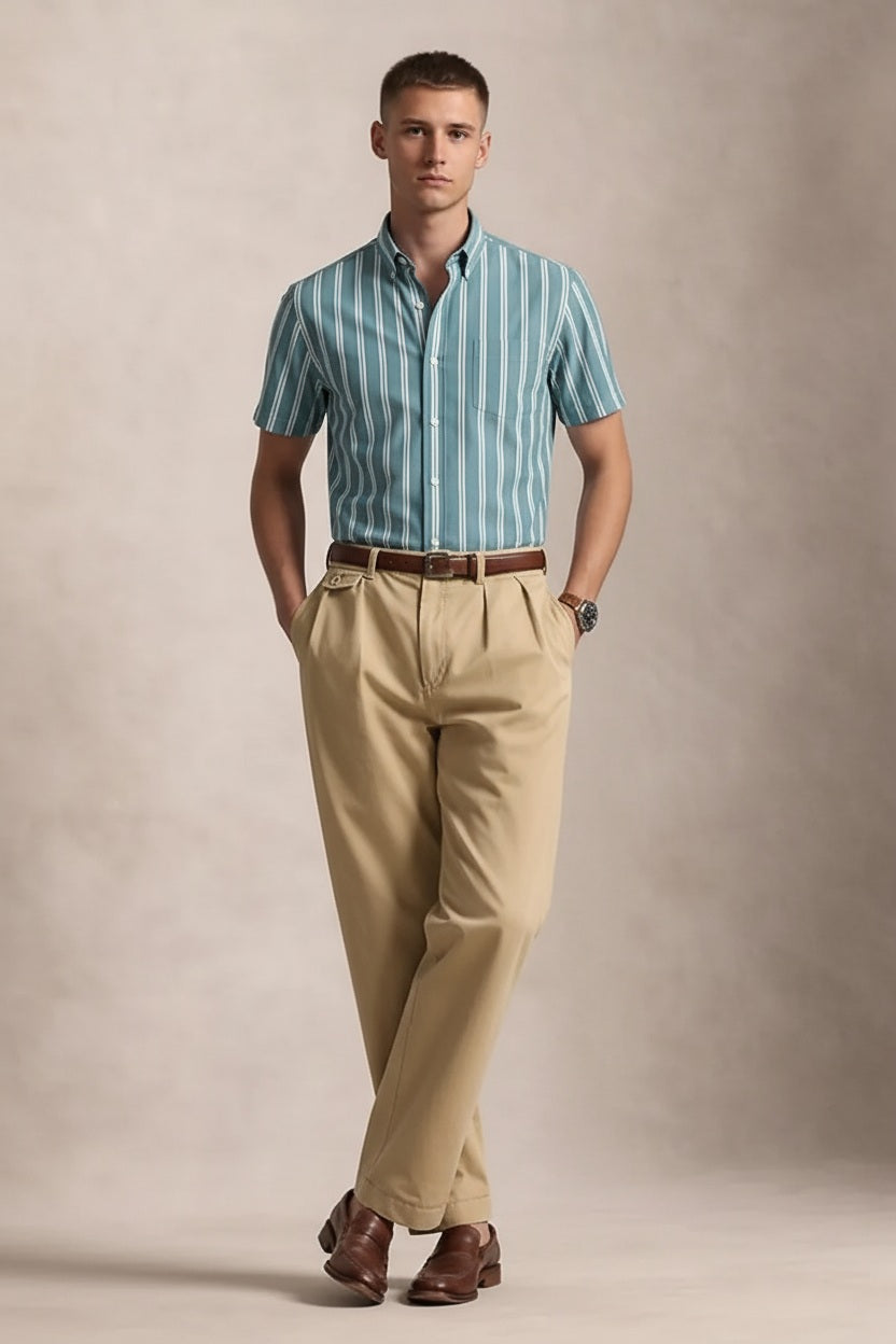 Men Light Teal Striped Casual Shirt