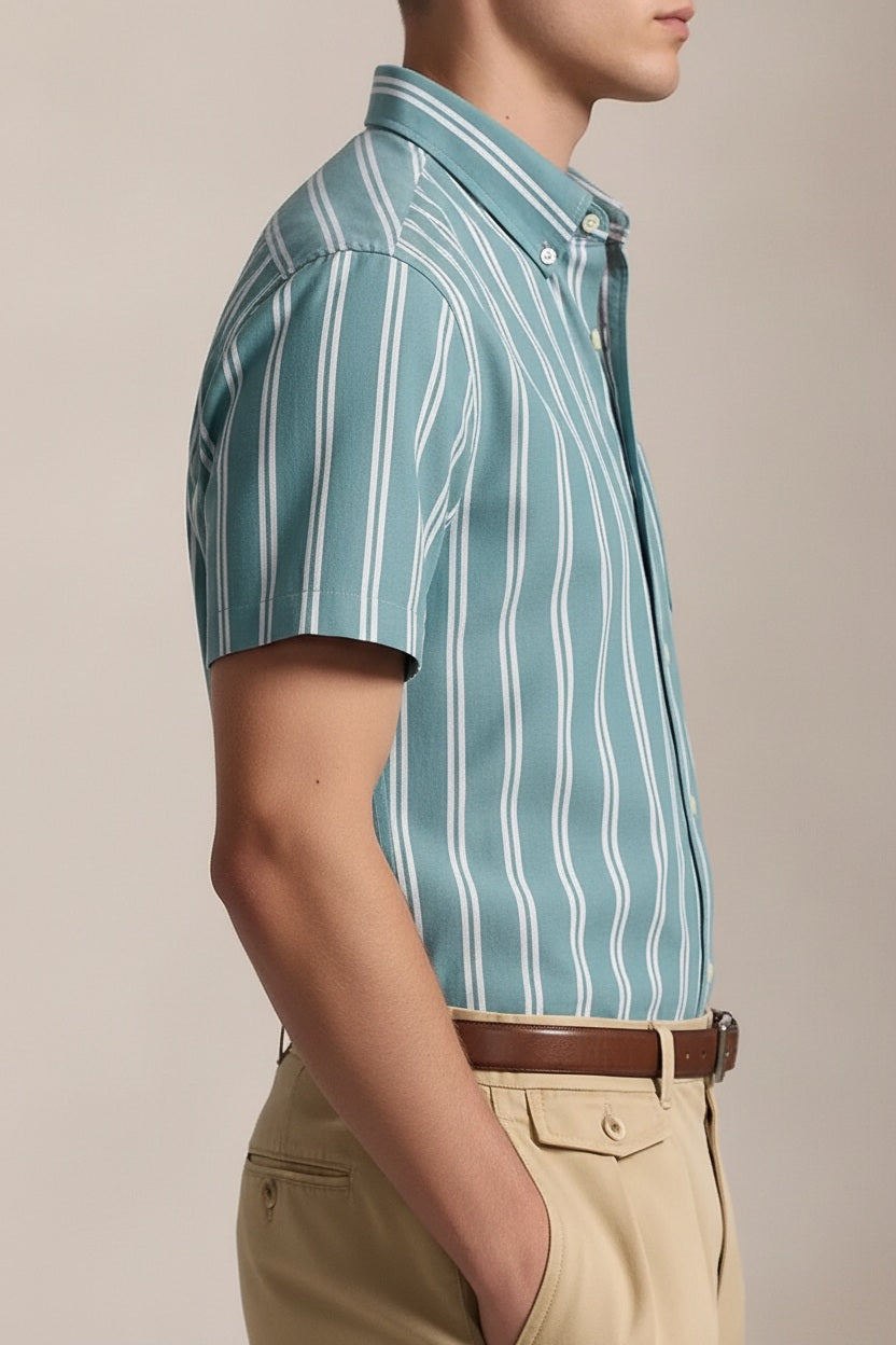 Men Light Teal Striped Casual Shirt