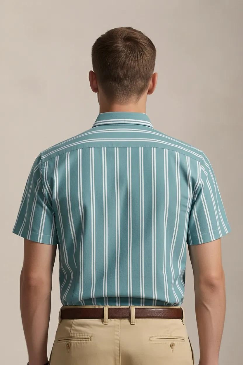 Men Light Teal Striped Casual Shirt