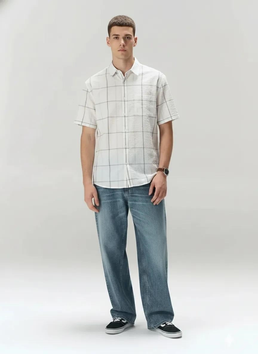 Men Off White Checked Casual Shirt