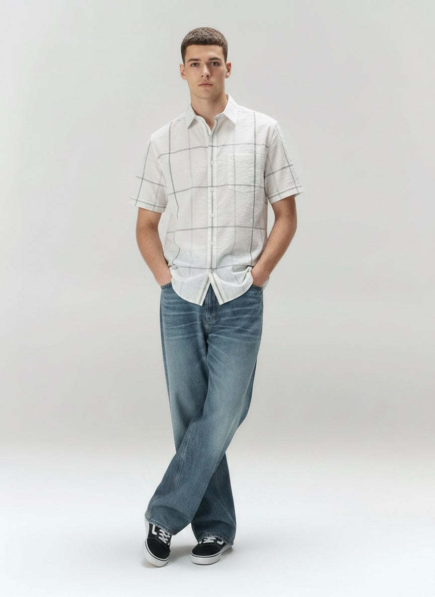 Men Off White Checked Casual Shirt