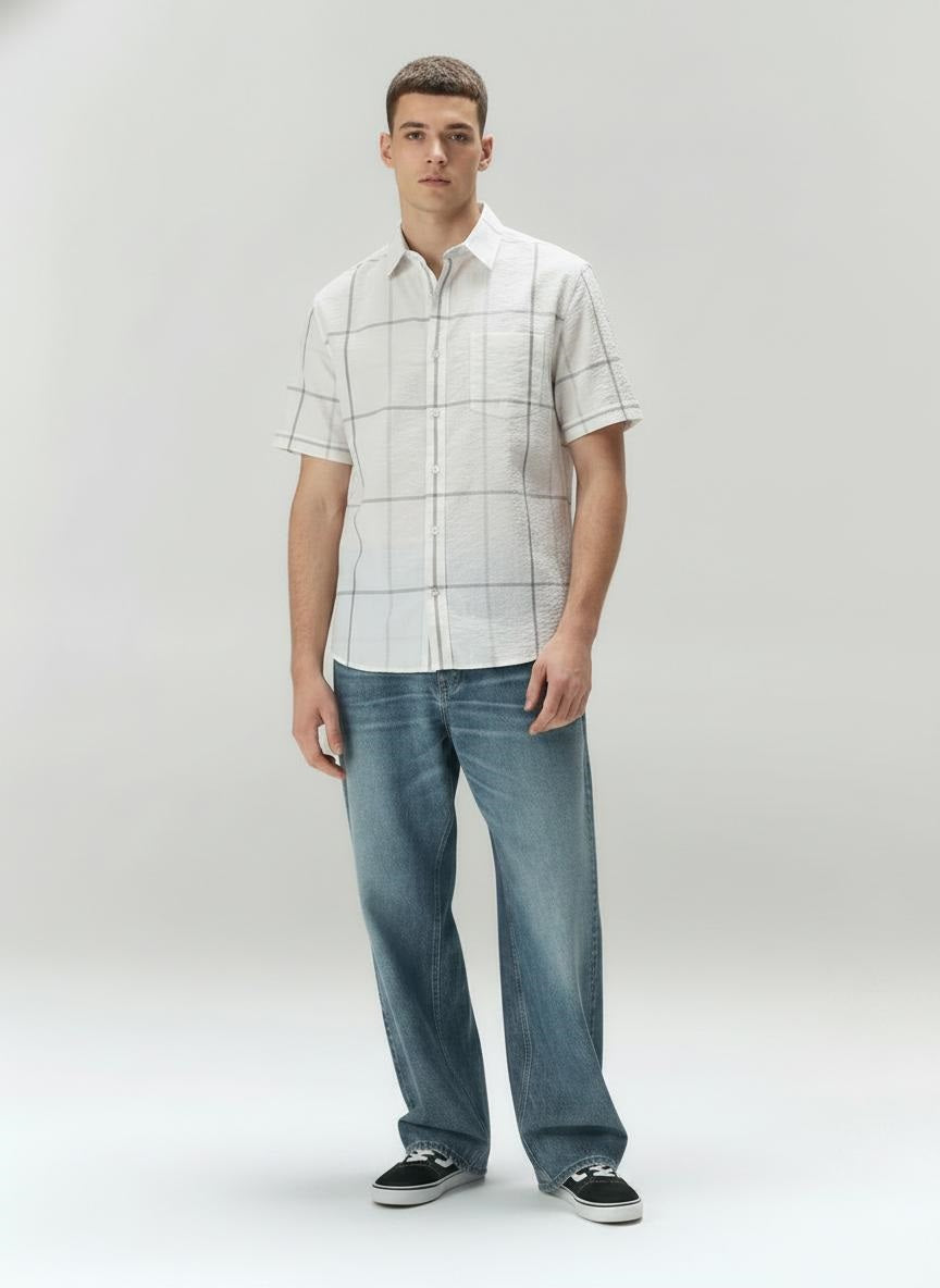 Men Off White Checked Casual Shirt