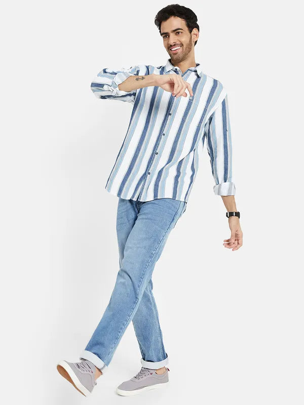 Mettle Men Blue Opaque Striped Casual Shirt