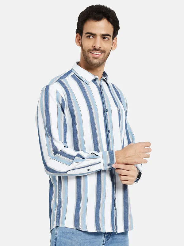 Mettle Men Blue Opaque Striped Casual Shirt