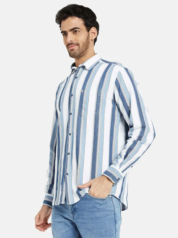 Mettle Men Blue Opaque Striped Casual Shirt