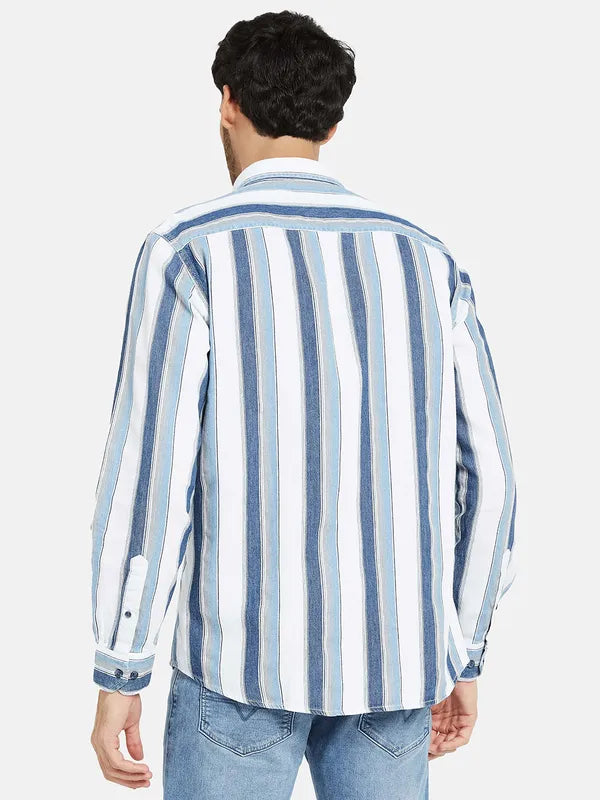 Mettle Men Blue Opaque Striped Casual Shirt