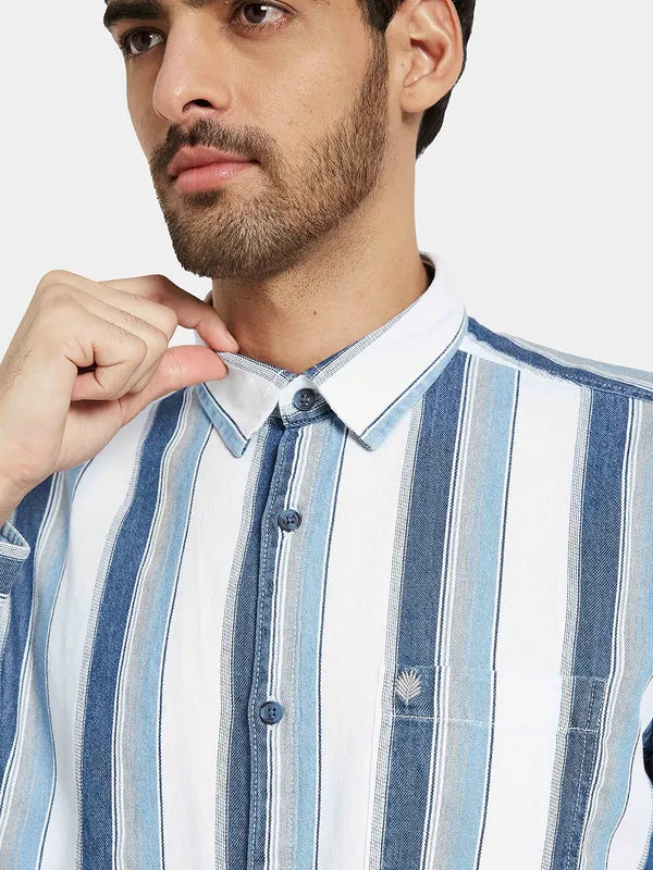 Mettle Men Blue Opaque Striped Casual Shirt