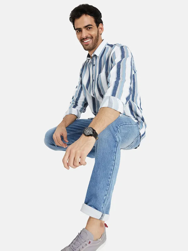 Mettle Men Blue Opaque Striped Casual Shirt