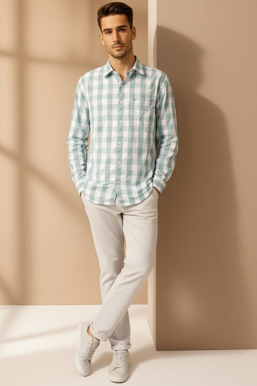 Men Mint Checked Polo Neck Casual Shirt