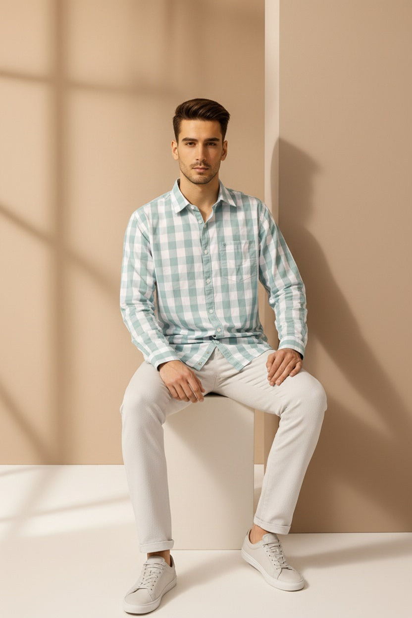Men Mint Checked Polo Neck Casual Shirt