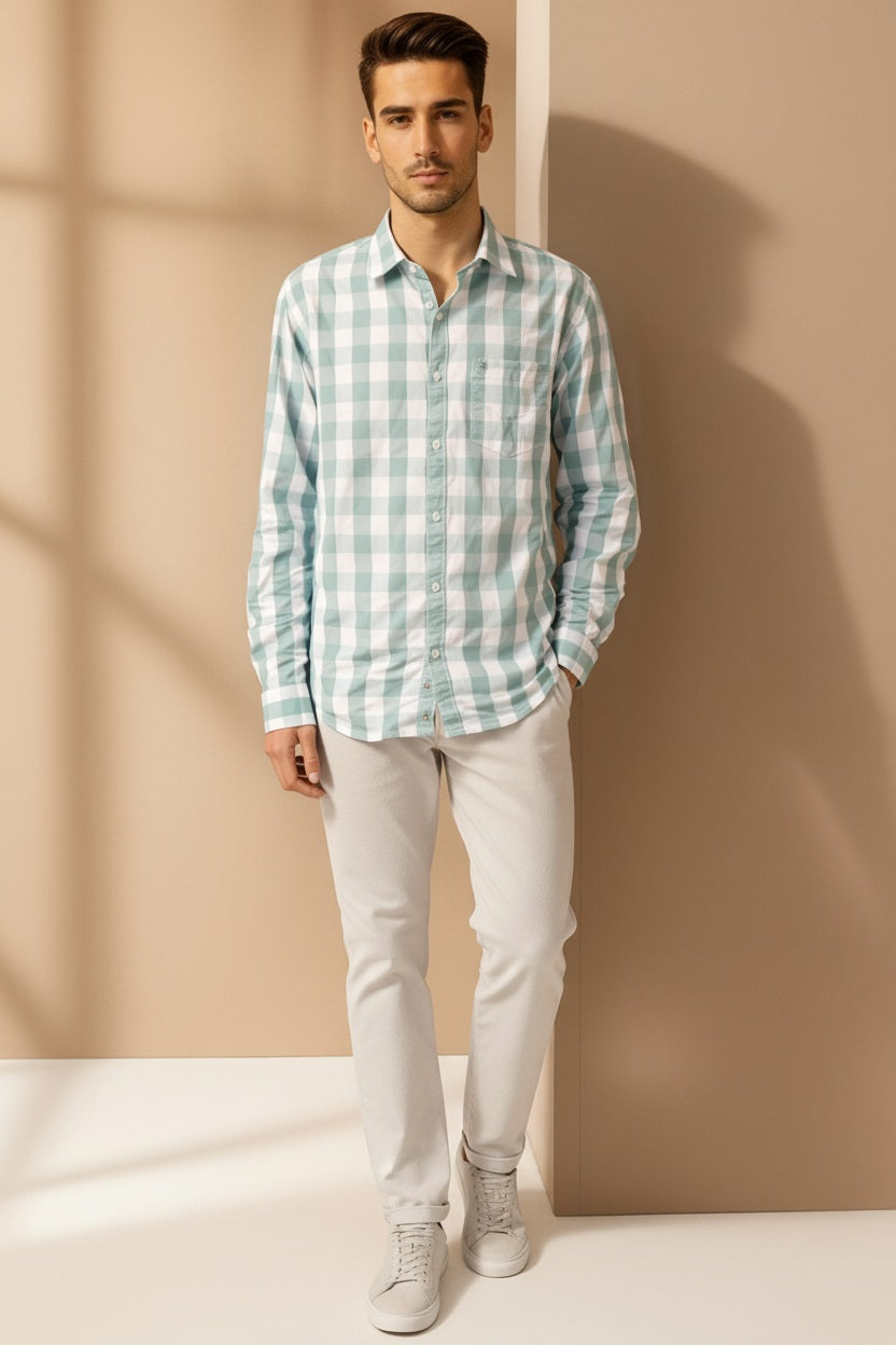 Men Mint Checked Polo Neck Casual Shirt