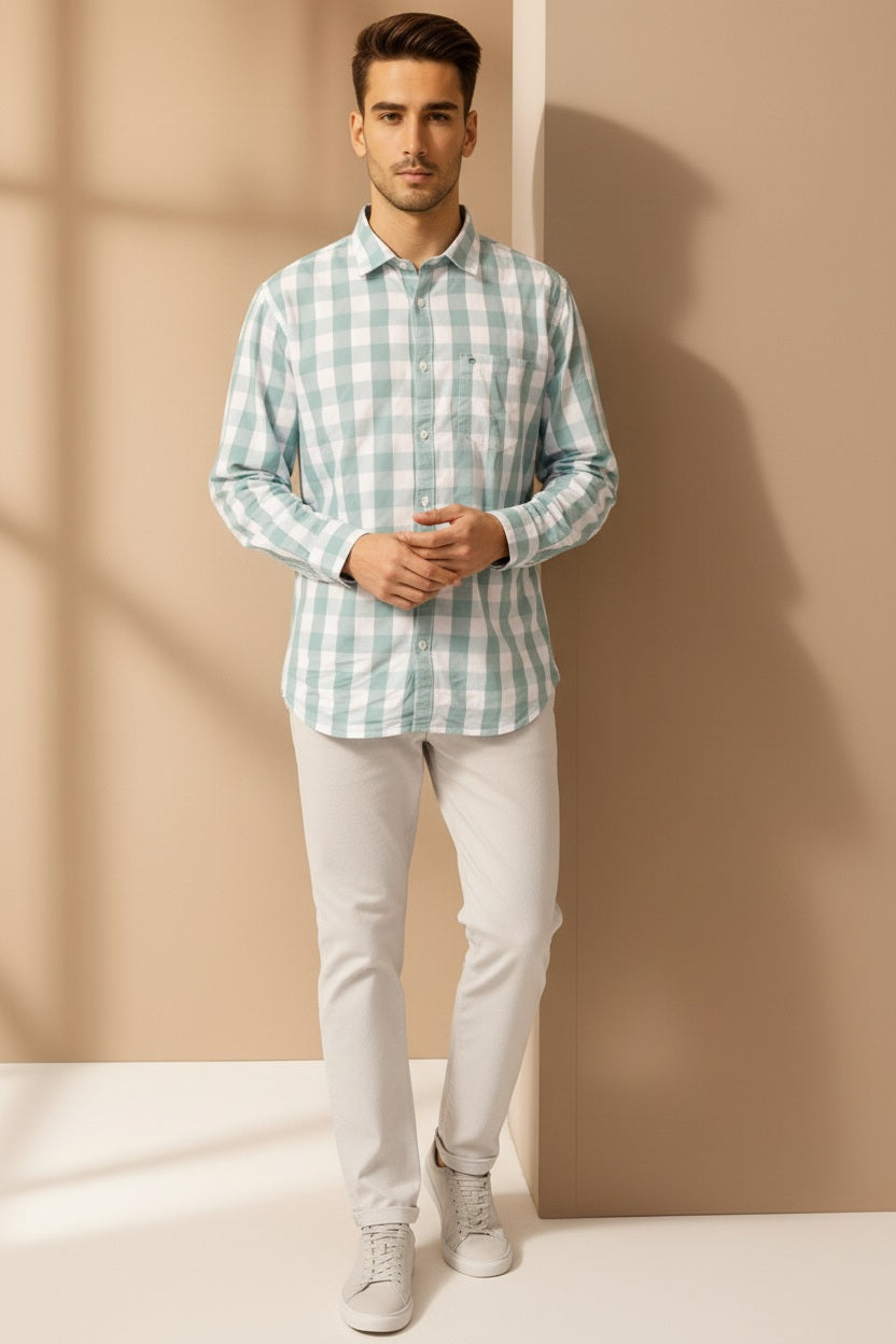 Men Mint Checked Polo Neck Casual Shirt