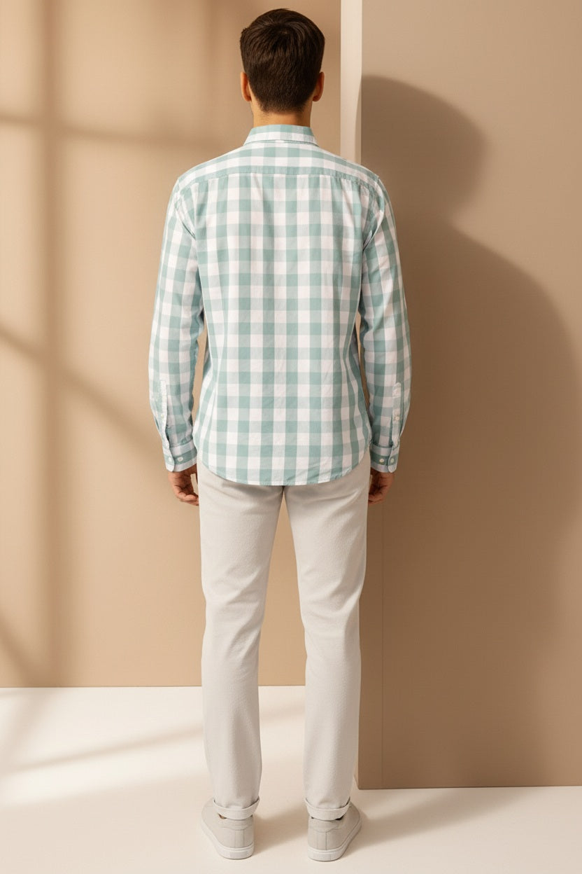 Men Mint Checked Polo Neck Casual Shirt