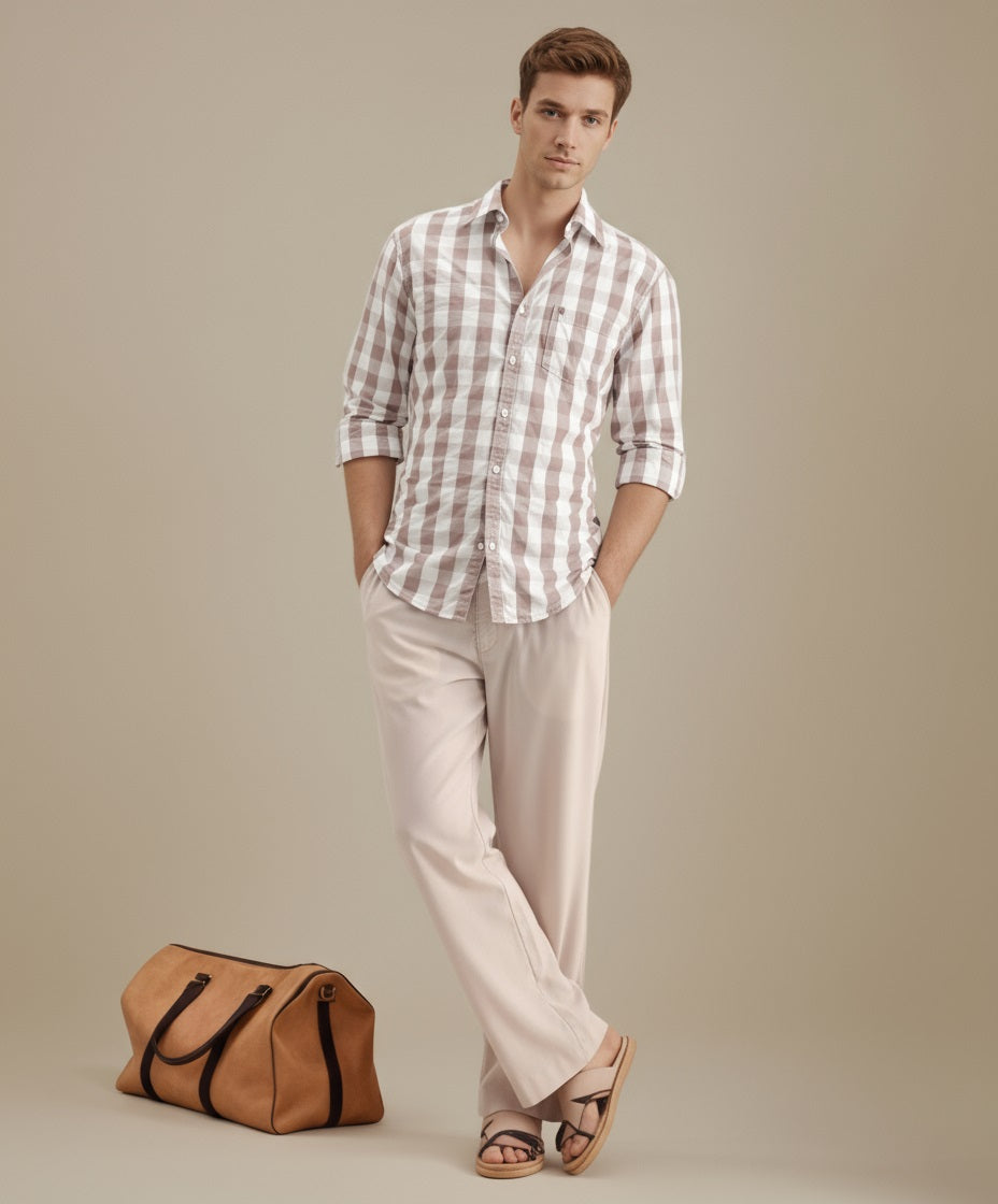 METTLE Men Gingham Checks Checked Casual Shirt