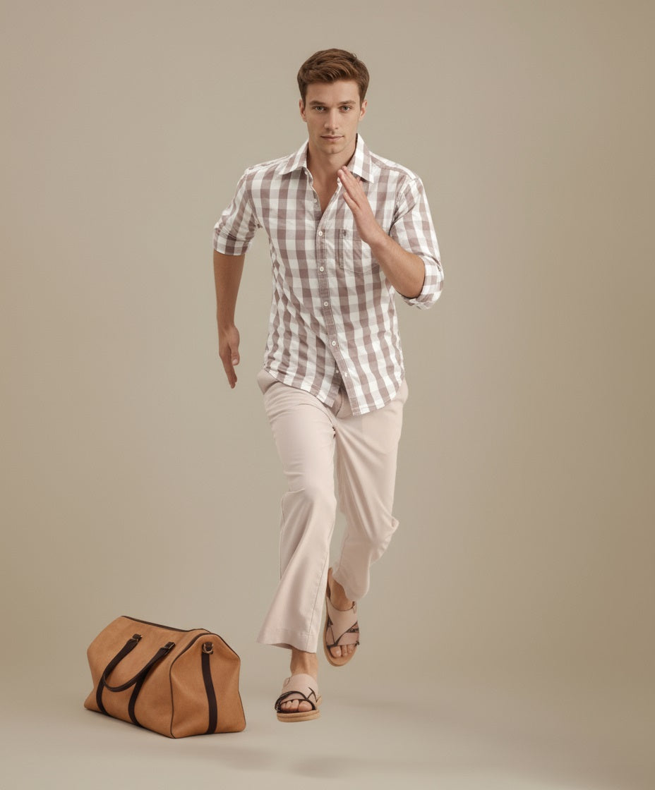 METTLE Men Gingham Checks Checked Casual Shirt