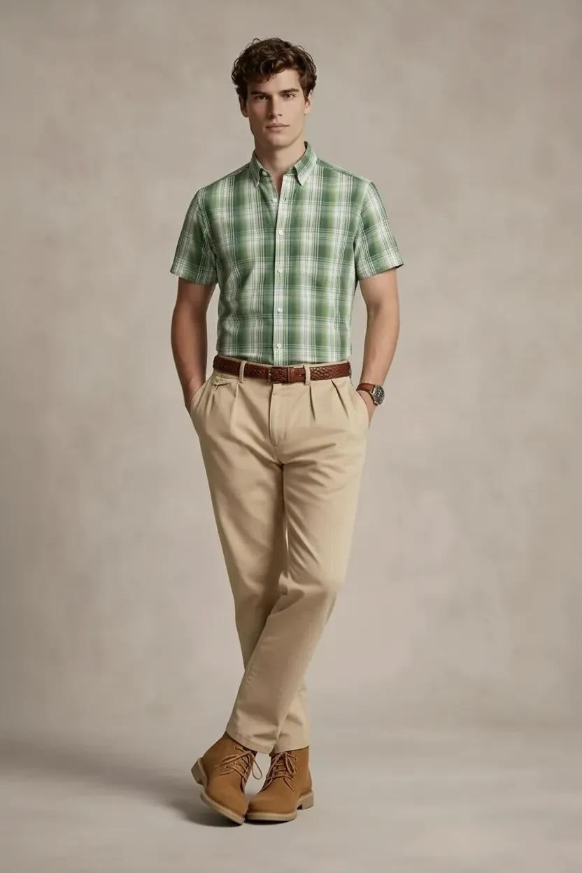 Men Light Olive Checked Casual Shirt