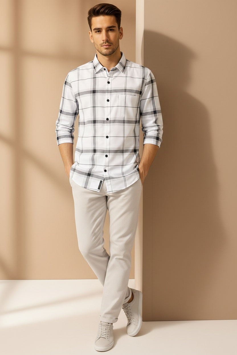Men White Checked Polo Neck Casual Shirt