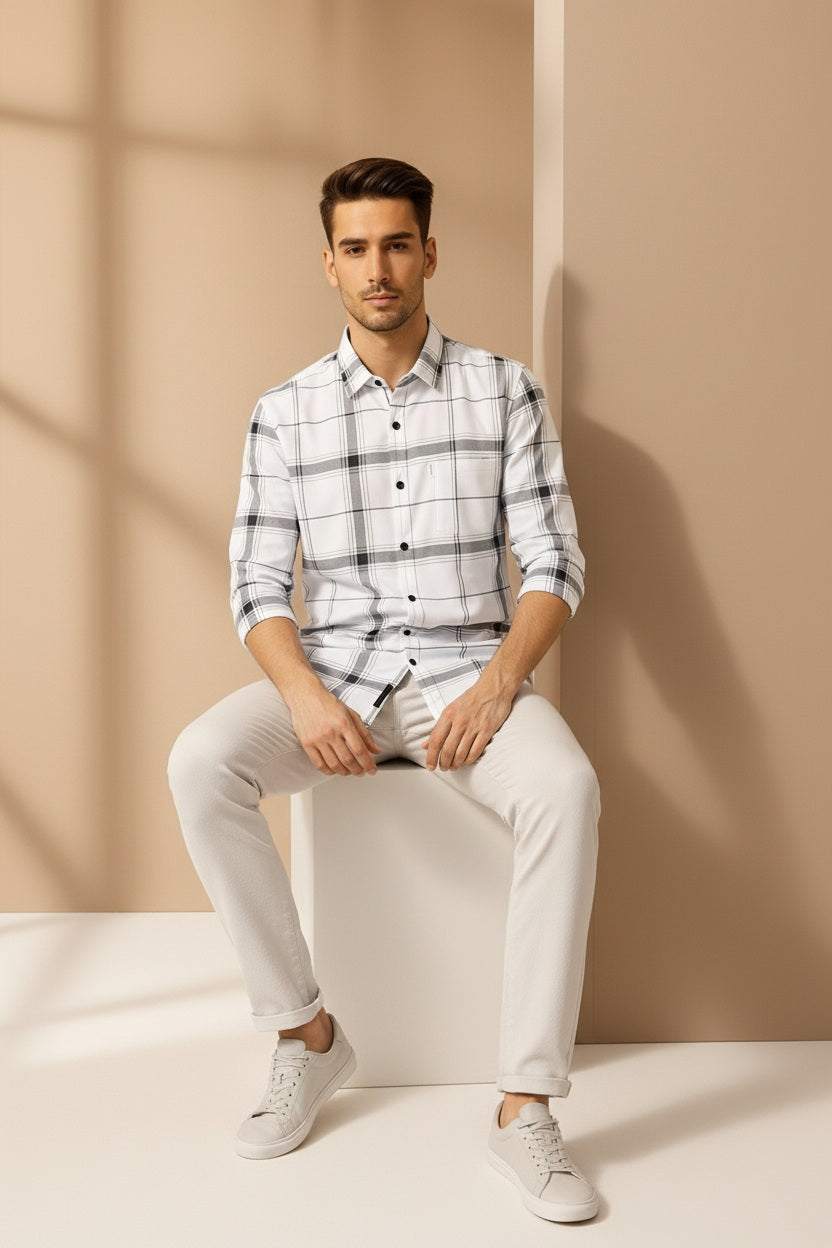 Men White Checked Polo Neck Casual Shirt