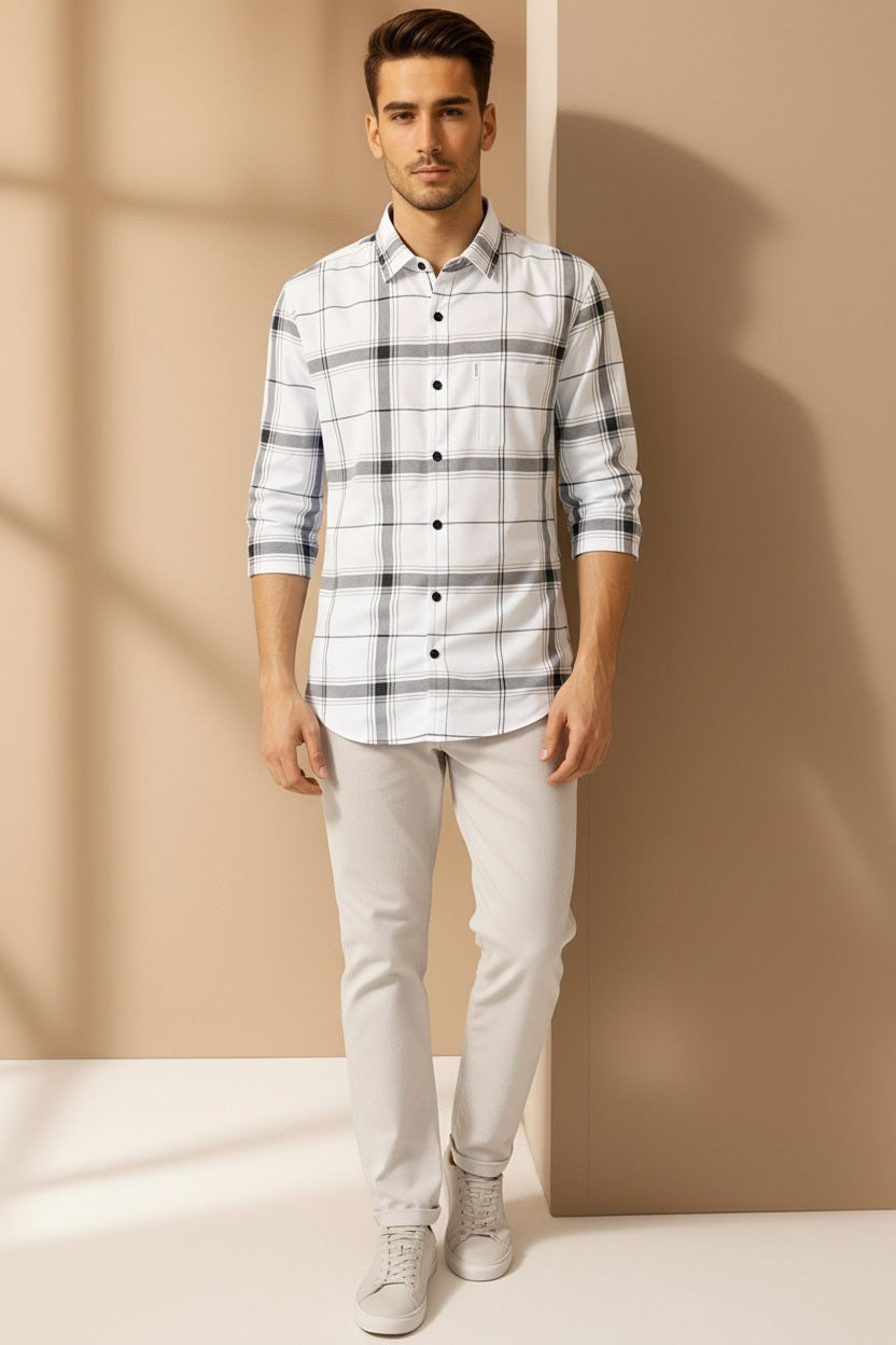 Men White Checked Polo Neck Casual Shirt