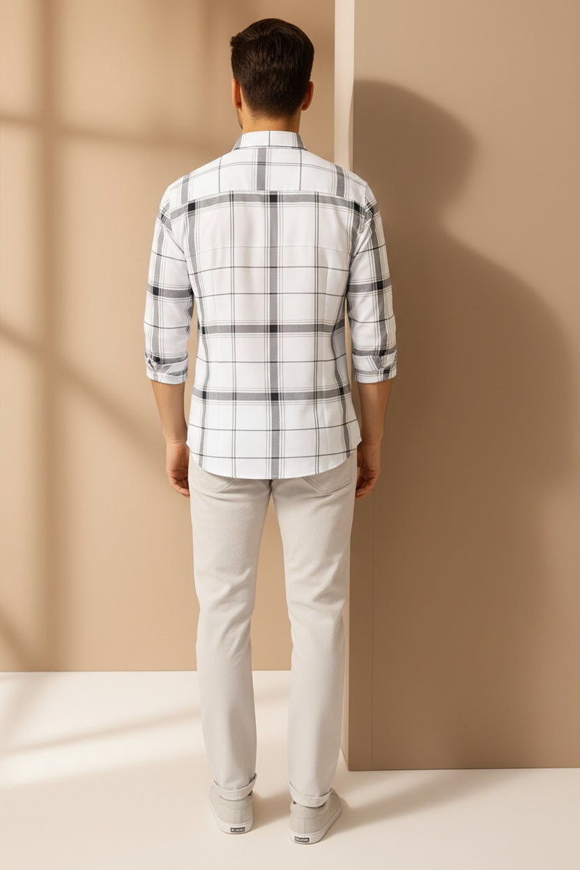 Men White Checked Polo Neck Casual Shirt