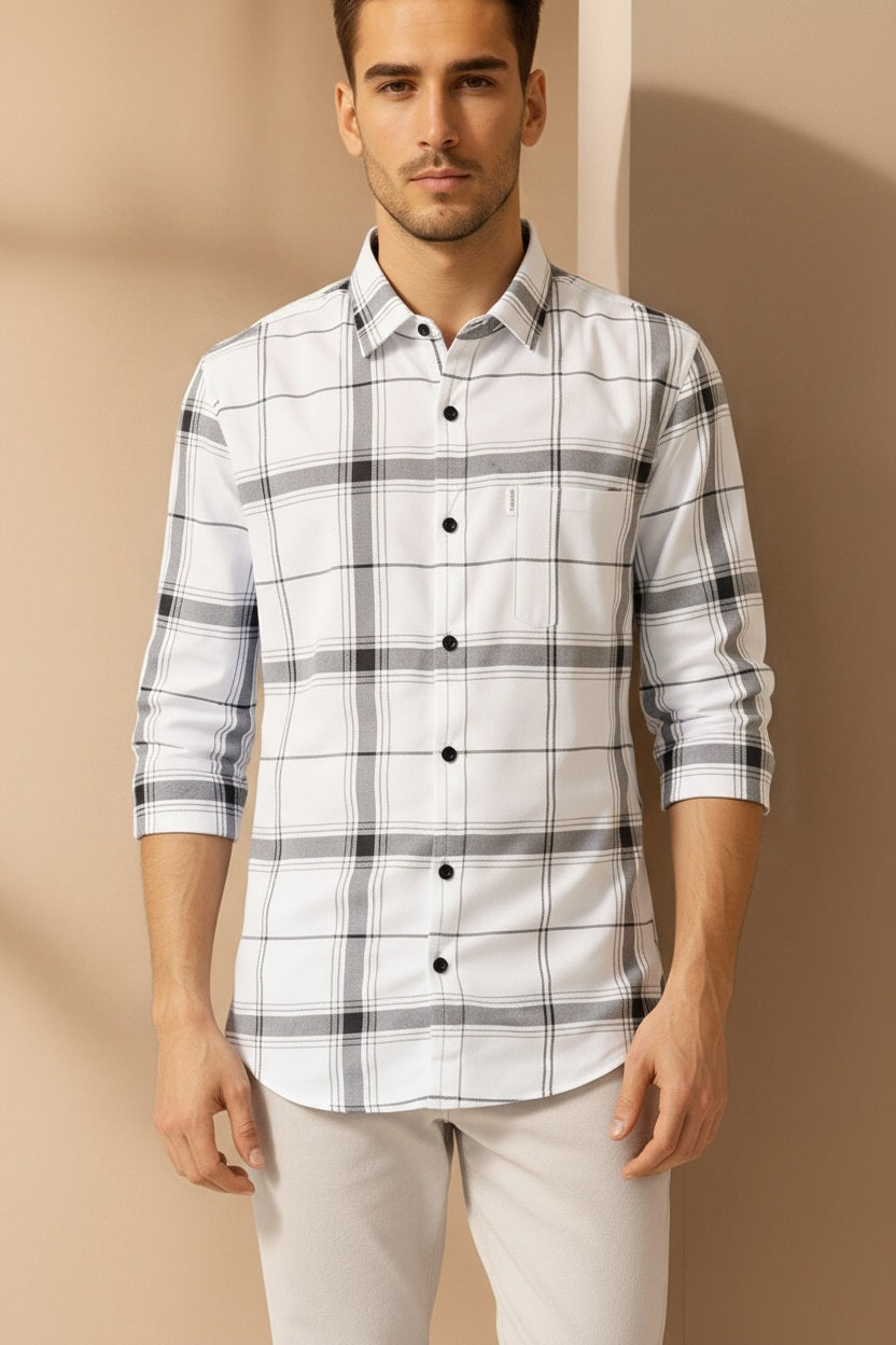 Men White Checked Polo Neck Casual Shirt