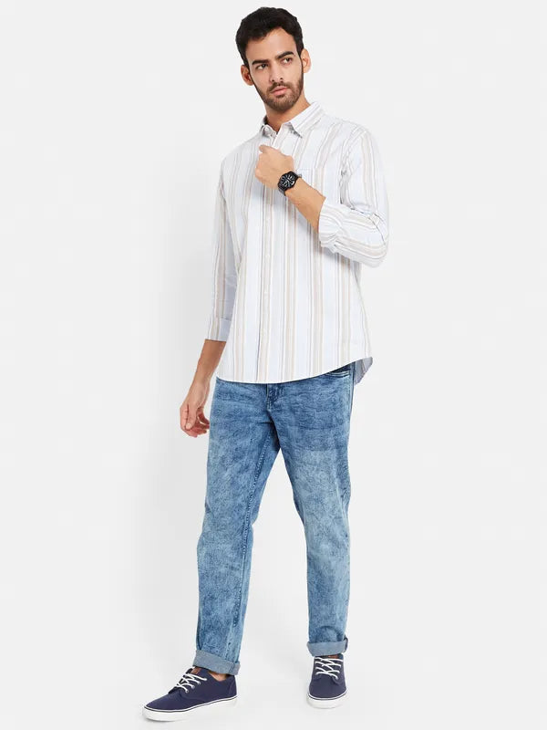 Mettle Men Blue Opaque Striped Casual Shirt