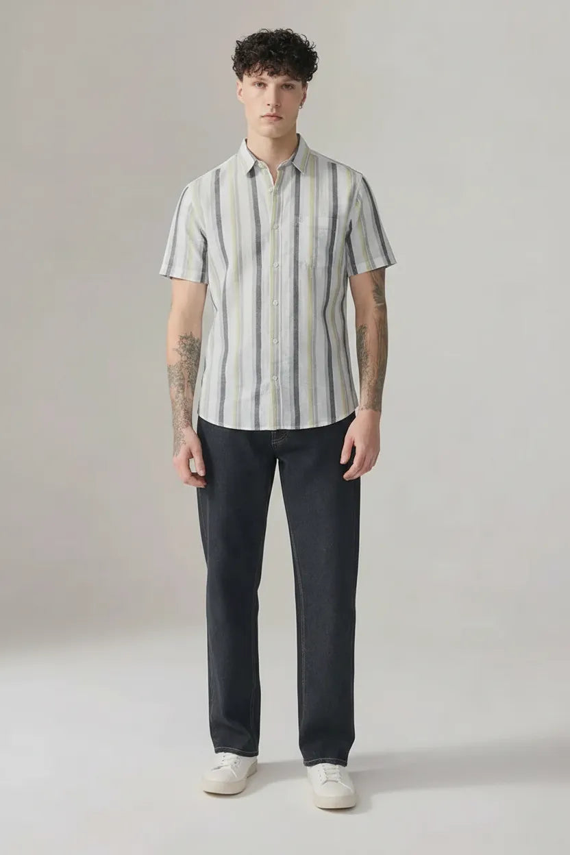 Men Striped Spread Collar Cotton Shirt
