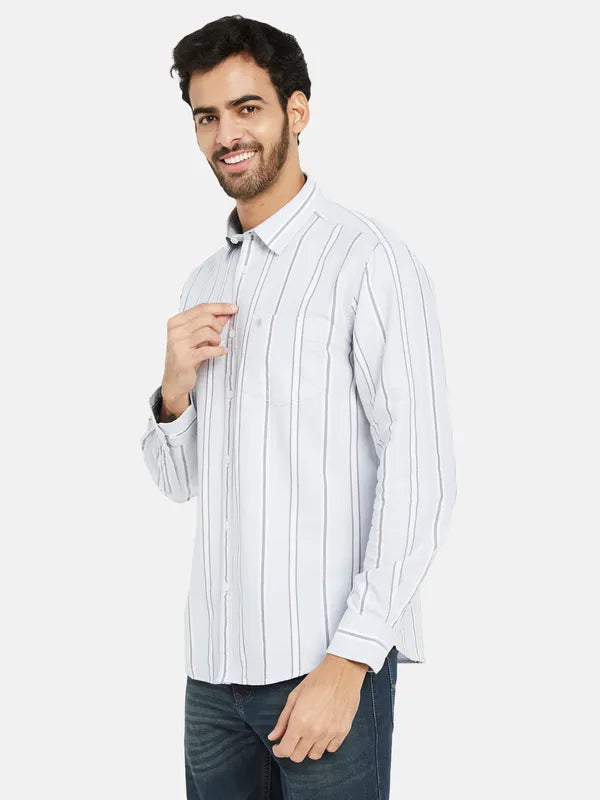 Mettle Men Blue Opaque Striped Casual Shirt