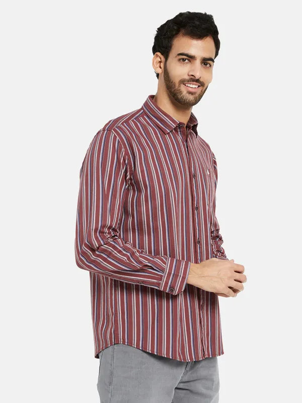 Mettle Men Maroon Opaque Striped Casual Shirt