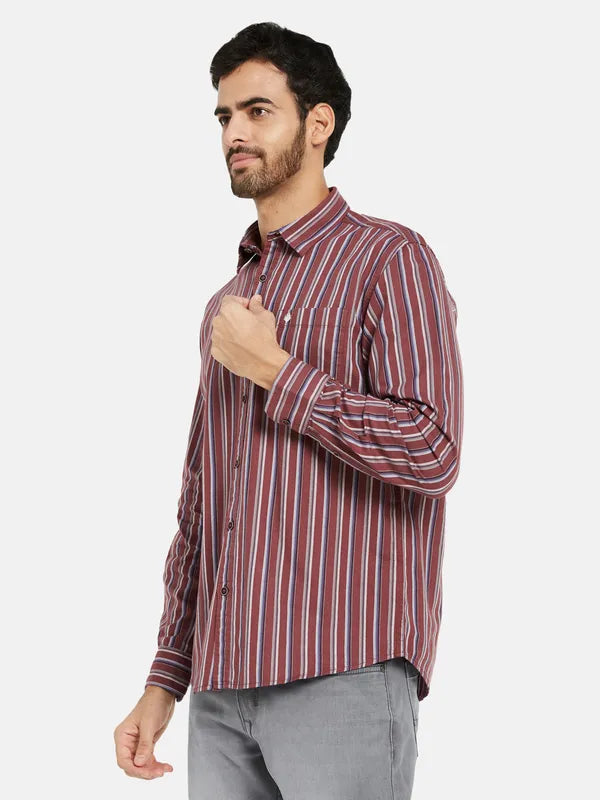 Mettle Men Maroon Opaque Striped Casual Shirt