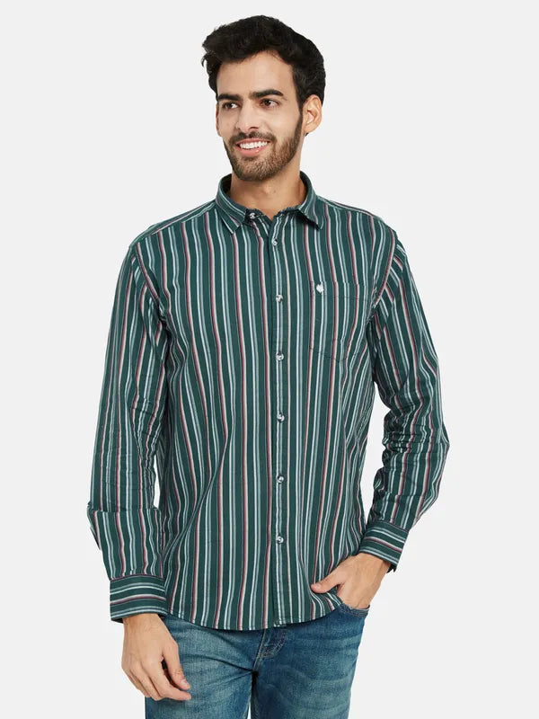 Mettle Men Green Opaque Striped Casual Shirt